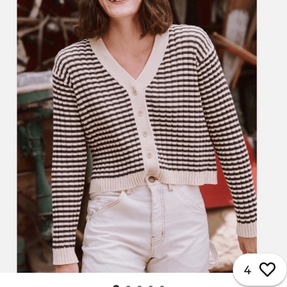 THE GREAT. Striped Black and Cream Cropped Button Cardigan